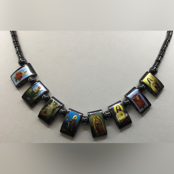 HEMATITE BEAD WITH JESUS CHRIST AND SAINTS NECKLACE - Picture 1 of 2